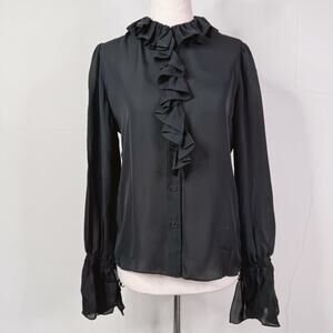 NWT Nili Lotan Black Silk Cecily Ruffle Front Blouse Top XS Button Romantic